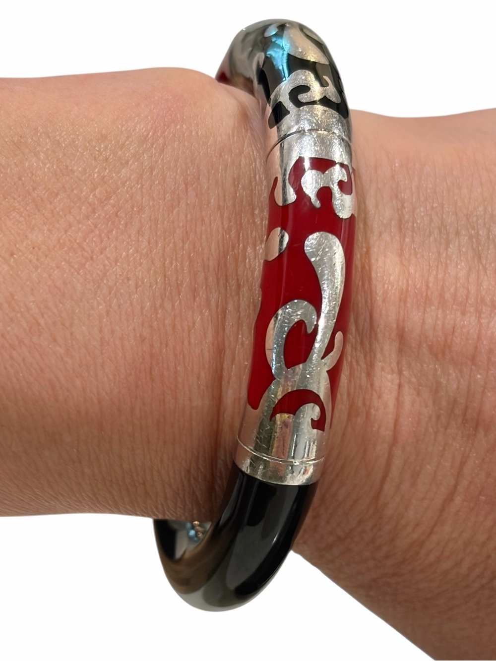 Sterling Silver Signed Italian 925 Bangle Bracelet Red Black Enamel